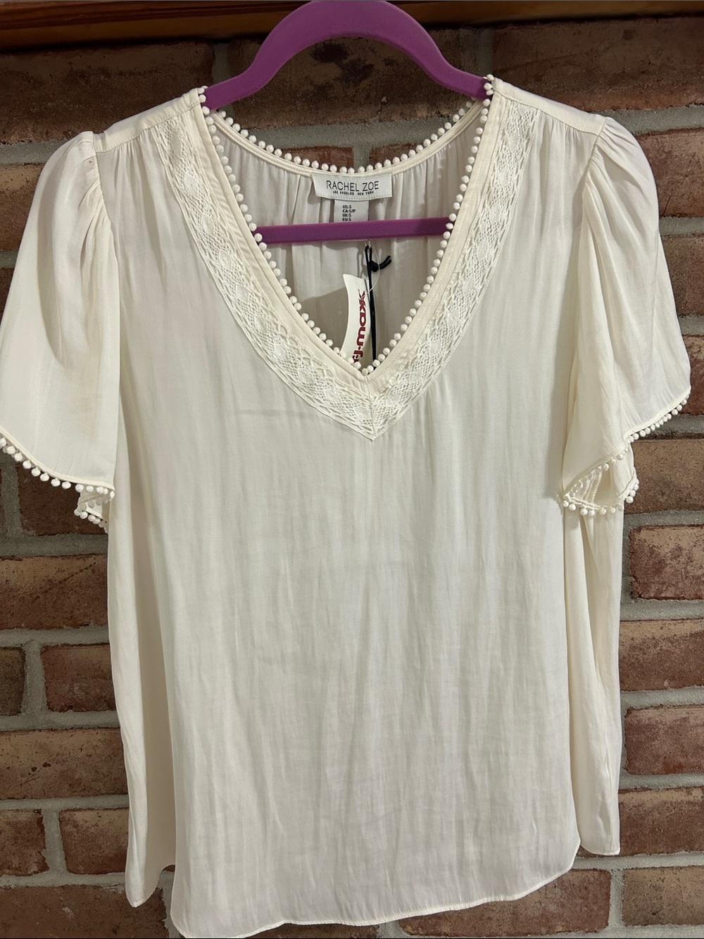 Rachel Zoe Ivory V-Neck Pom-Pom Trim Short Sleeve Blouse